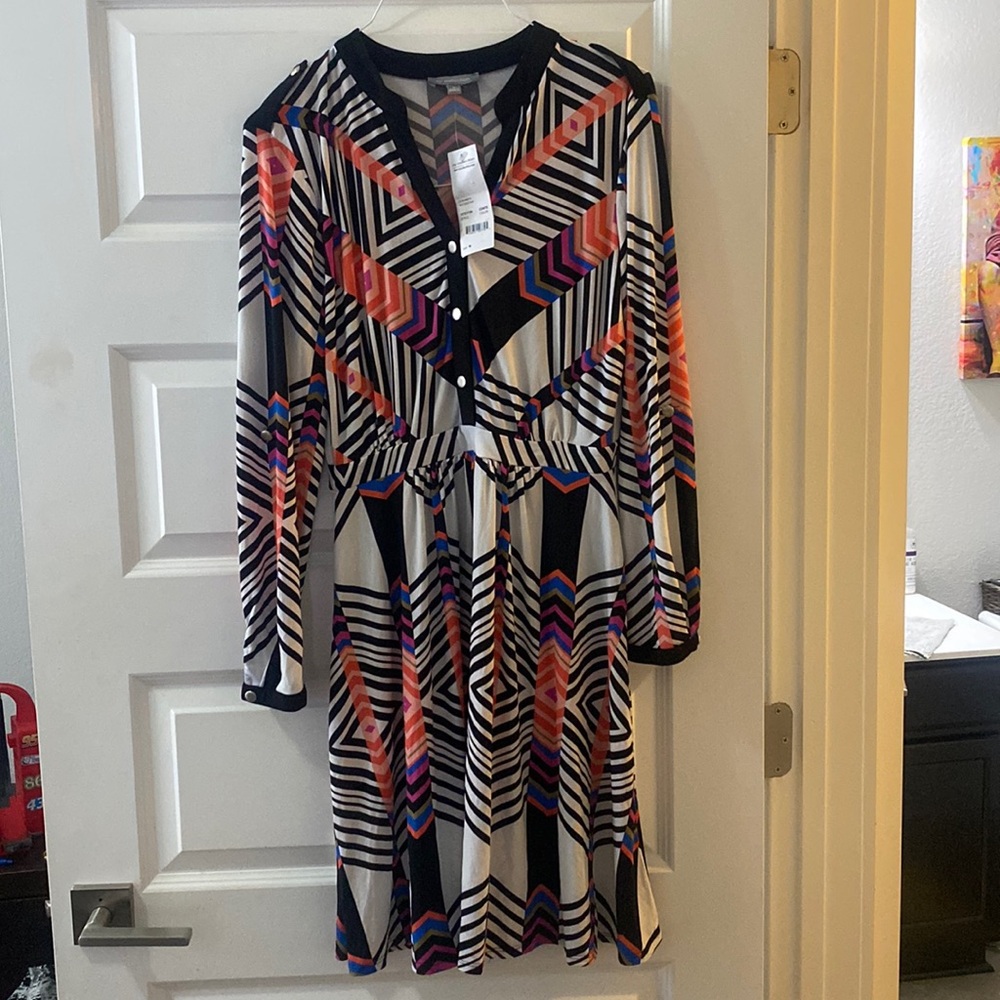 NWT NY Collection Printed Black Jersey Career Work Shirt Dress Medium M 8 10